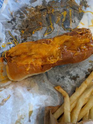 Chili cheese dog, messy but good