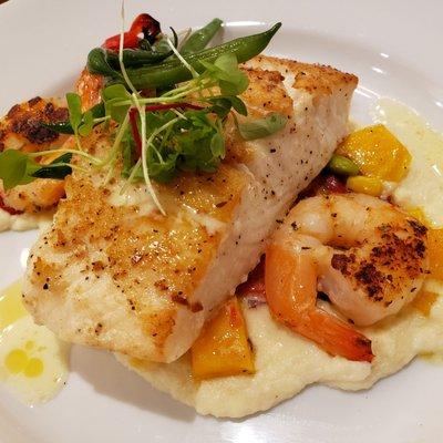 Halibut w/shrimp on cauliflower puree.