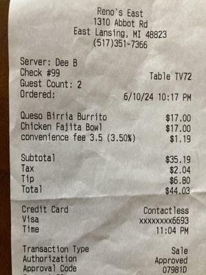 Unexpected 3.5% "convenience fee" charged as a convenient way for Reno's to increase revenue without the customer knowing about the charge.