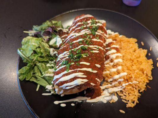 Chimichanga with veggies. So full of flavor but not spicy. The salad was yummy and tangy, and even the rice was good!