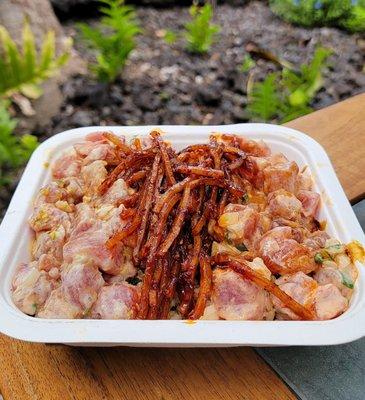 My perfect 2 choice poke bowl - super fresh ahi with sunrise and wasabi/pistachio sauces, warm brown rice, and tasty taegu $20.99.