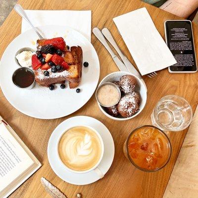 French Toast, Donut Holes, Latte, and Cold Brew