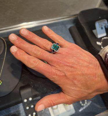 tourmaline, sapphire and diamond platinum custom ring by Voetsch Jewelry By Design