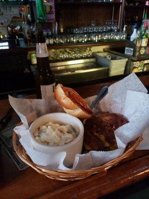 Bacon cheeseburger with potato salad