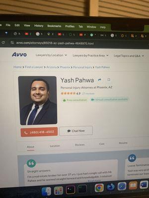 Yash Pahwa profile showing free consultation on avvo.com