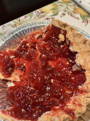 I bought a strawberry rubarb pie 7/22/24.. there was ZERO FRUIT in it.. pure jelly.. 9.99.