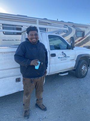 Ernesto after he had crawled under my rv to fix my jacks. He kept going until the job was done and done right!