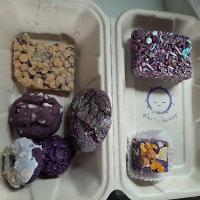 Ube jam bar, ube crispy, halo halo fudge, ube crinkle, ube macaroon, ube cake donut, halo halo cookie