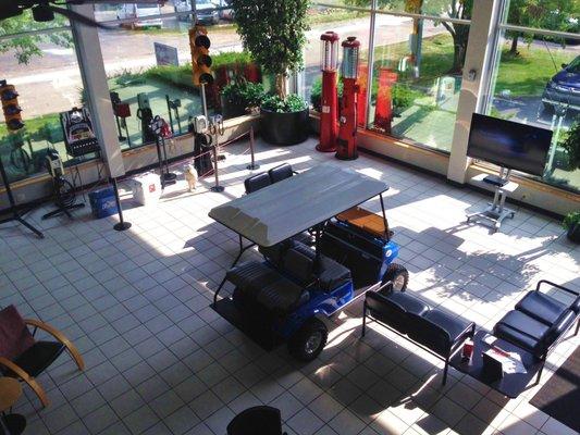 A view from above of the lobby at Rife's Autobody's Grandview facility.