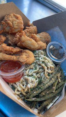 Deep Fried Catfish with Garlic Noodles and Cajun Green Beans