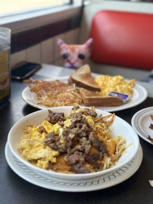 Breakfast Hashbrown Bowl, Two Egg Breakfast with Side Meat