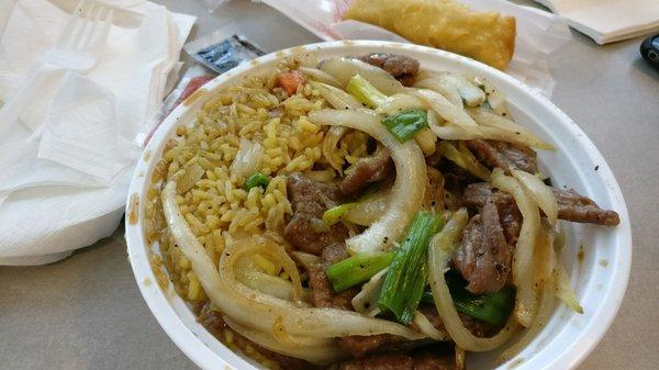 Mongolian Beef (medium heat) lunch combo w/ egg roll $5.50