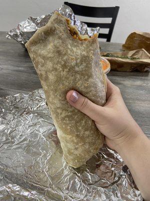 Carne asada burrito with rice and beans