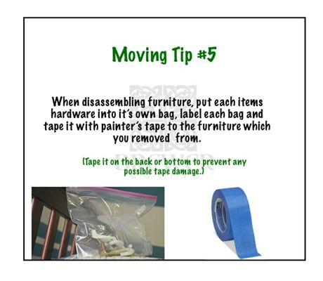 Bag up your furniture hardware and use painters tape to attach it to the item so you won't lose it.