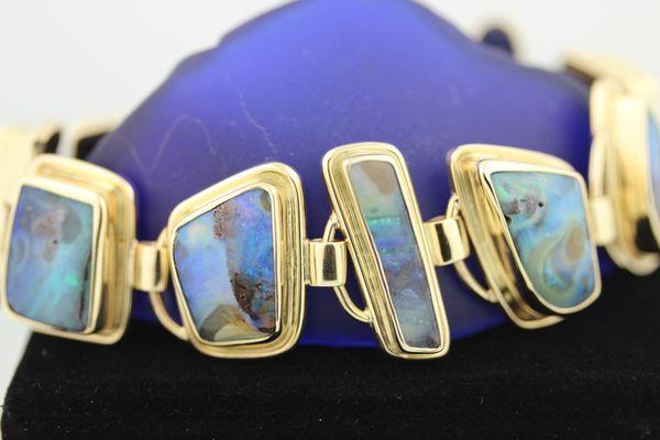 Custom Boulder Opal bracelet, set in 14k yellow gold.