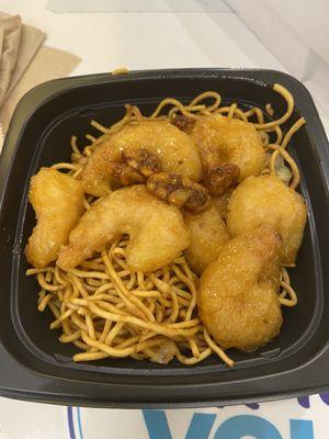 Honey walnut shrimp with noodles