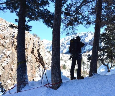 San Juan Mountain Guide prepping our ice climbing route at the Ouray Ice Park