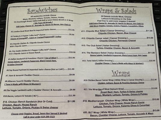 Sandwich and Wrap Menu