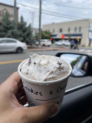 A pint of cookies n cream (top) and chocolate brownie (bottom)