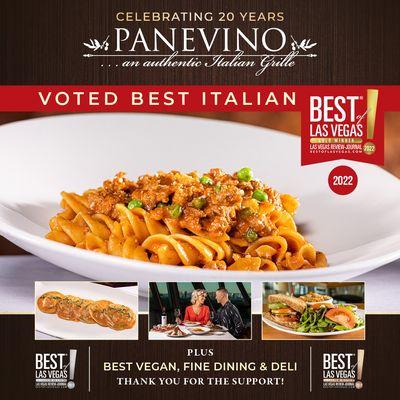 Panevino Italian Grille and Deli Café was named 2022 Best of Las Vegas for Italian Restaurant, Vegan, Fine Dining and Deli.