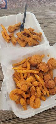 Seafood combo 3 items. Catfish, shrimp and scallops with fries, coleslaw and hushpuppies. Yummy