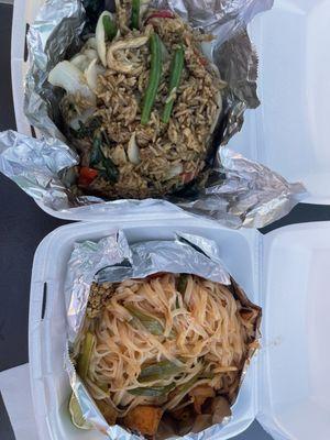 Spicy chicken basil fried rice on the left & Pad Thai with tofu on the right