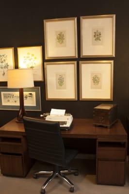 McGuire Bill Sofield Baton Desk - $1498, Black Desk Chair - $99, Arts & Craft Lamp - $59,19th c. Botanical Study London - $199