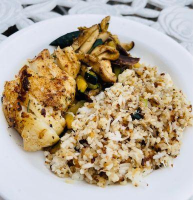 Sautéed wild cod, shiitake mushroom, & zucchini with crab garlic fried rice