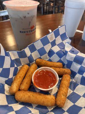 Mozarella sticks and oolong milk tea