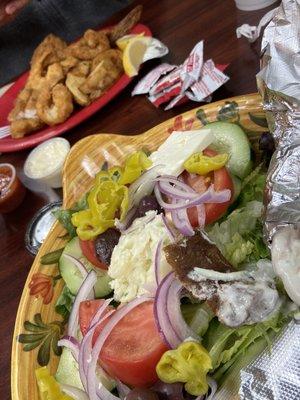 Gyro with Greek salad and Fish & shrimp w/fries