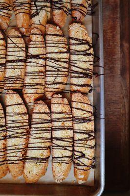 Lemon almond biscotti with chocolate drizzle