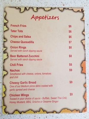 Appetizer menu