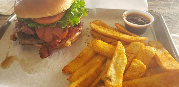 P&W burger, steak fries and chipotle sauce.