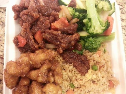 Beijing Beef, orange chicken & steamed vegetables.