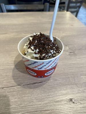 Caramel and Moosetracks Scoops, Whipped Cream, Chocolate Sprinkles