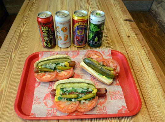 Vegan or Regular Chicago-Style Hot Dogs, and Spicy Sausage, with Craft Beer