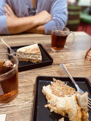 Baklava cake, Slice Pistachio Cheesecake, Tea with Rose, Tea with Cardamom