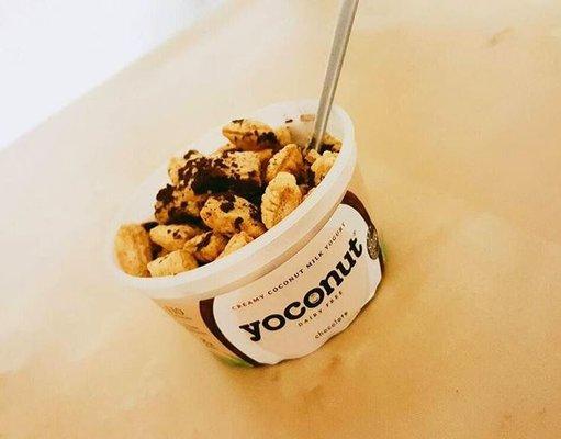 Chocolate for breakfast! 
 Delicious chocolate yogurt + crunchy cereal = winning breakfast!