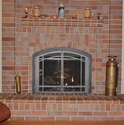 Fireplace with doors closed.