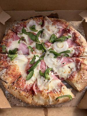 BYO medium with ham, green pepper and onions. Butter cheese crust. $12 after 25% off online coupon. Late snack for our hotel stay