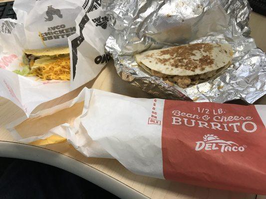 Taco, chicken quesadilla snacker and red burrito