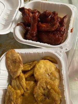 general tso sauce chicken wings and green plantain.