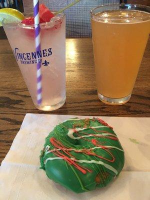 watermelon cocktail, watermelon wheat beer, and watermelon donut