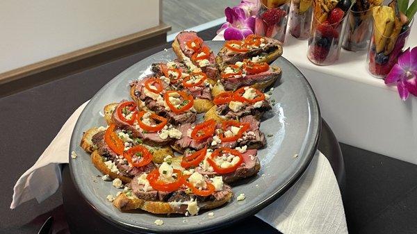 Steak and bleu cheese crostini.