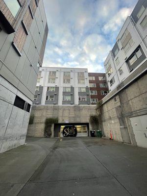 Parking garage entrance.