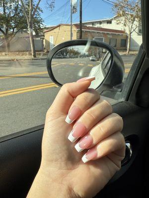 Pink acrylic French tip with sparkle by Anni!