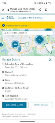 Was without power today for about 5 hours due to high winds. Duke Energy Carolinas in Chapel Hill and Durham, North Carolina.