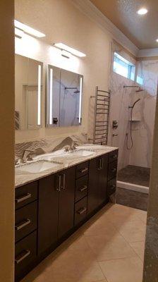 Modern Bathroom Remodel, Vanity Quartz Countertops, LED Mirrors, Quart Shower, Tile Floor, Under Mount Sinks