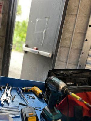 We're all set with our tools to get that panic device installed on a commercial exit door.