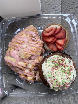 Strawberry cream scone, strawberry cheesecake, carrot cake muffin